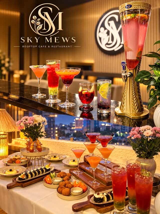 The bar at Sky Mews, with drinks and starters laid out